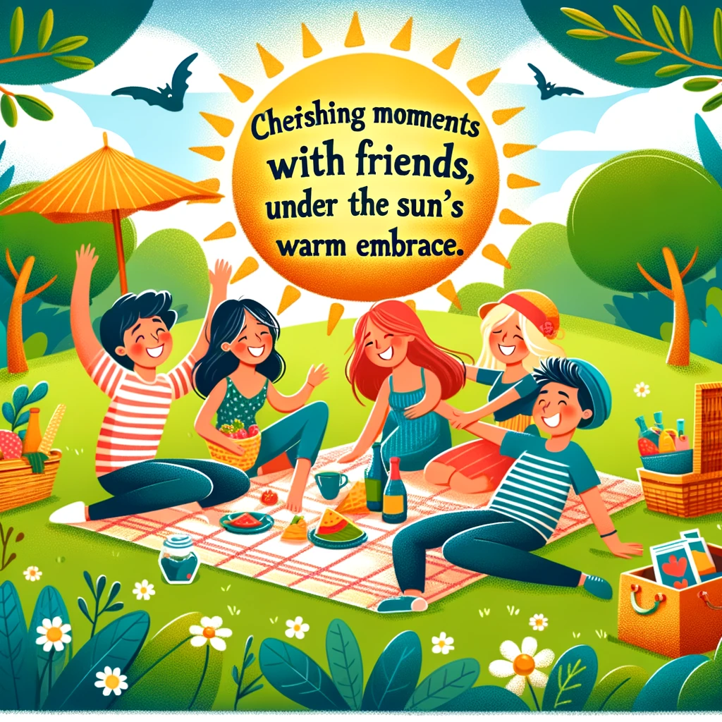 A playful illustration of a group of friends having a picnic on a sunny day in the park, laughing and enjoying each other's company. The scene is vibrant and full of joy, symbolizing friendship and good times. Caption reads: "Cherishing moments with friends, under the sun's warm embrace."