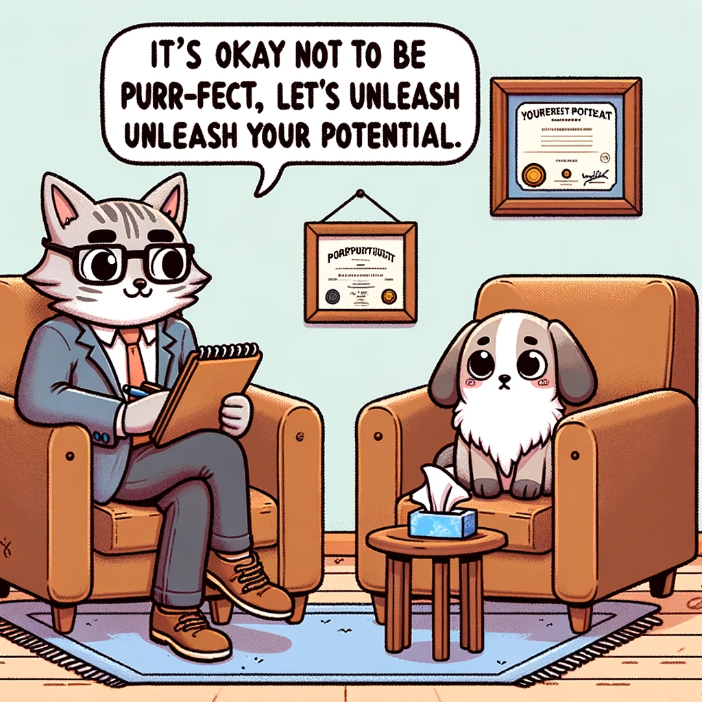 A cartoon image of a therapist and a client sitting in a cozy therapy room. The therapist is an anthropomorphic cat, wearing glasses and holding a notepad. The client is a cartoon dog looking slightly confused but hopeful. There's a couch, a small coffee table with a tissue box, and a diploma on the wall. The caption reads: "It's okay not to be purr-fect, let's unleash your potential!"