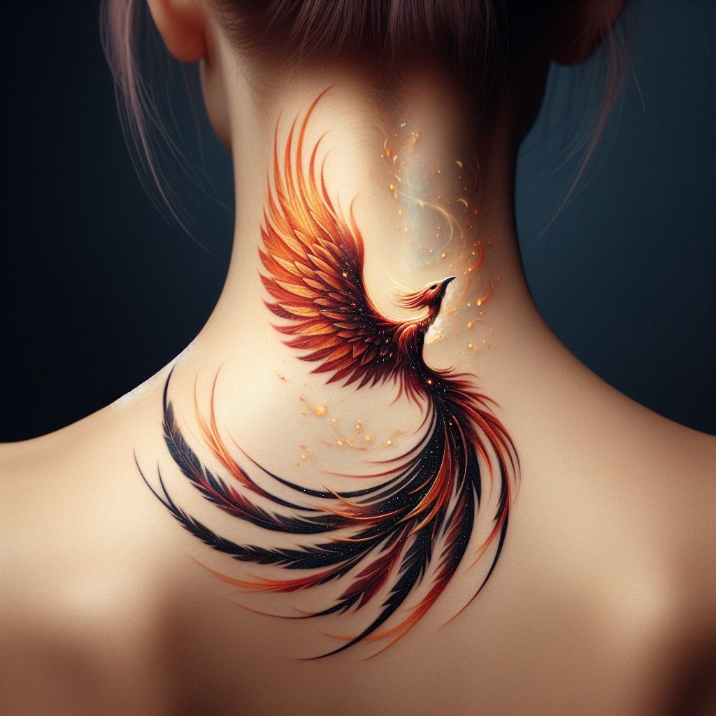 A tattoo at the nape of the neck featuring a delicate phoenix in mid-flight, its wings gracefully arching upwards. The phoenix, a symbol of rebirth and eternal life, should be depicted with intricate feathers in shades of fiery orange, red, and gold, suggesting resilience and the spirit of the loved one living on through adversity. The tattoo should blend seamlessly into the skin, with the phoenix's tail feathers gently cascading down the spine, symbolizing strength and the continuation of life's journey.
