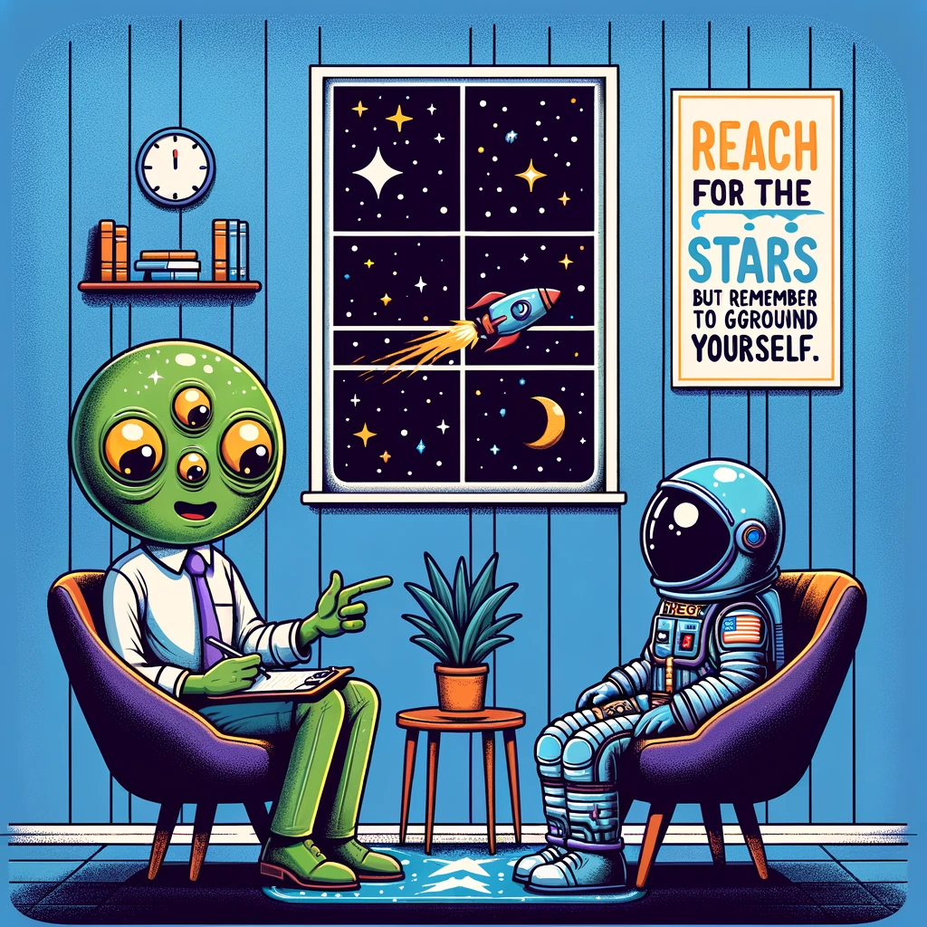 A cartoon illustration of a therapy session in a space-themed office. The therapist is an intelligent-looking alien with three eyes, offering advice to a spaceman sitting in a floating chair. Stars and planets can be seen through the window, and a motivational poster on the wall features a rocket ship with the caption: "Reach for the stars, but remember to ground yourself." This image combines humor and inspiration, focusing on ambition and mindfulness.
