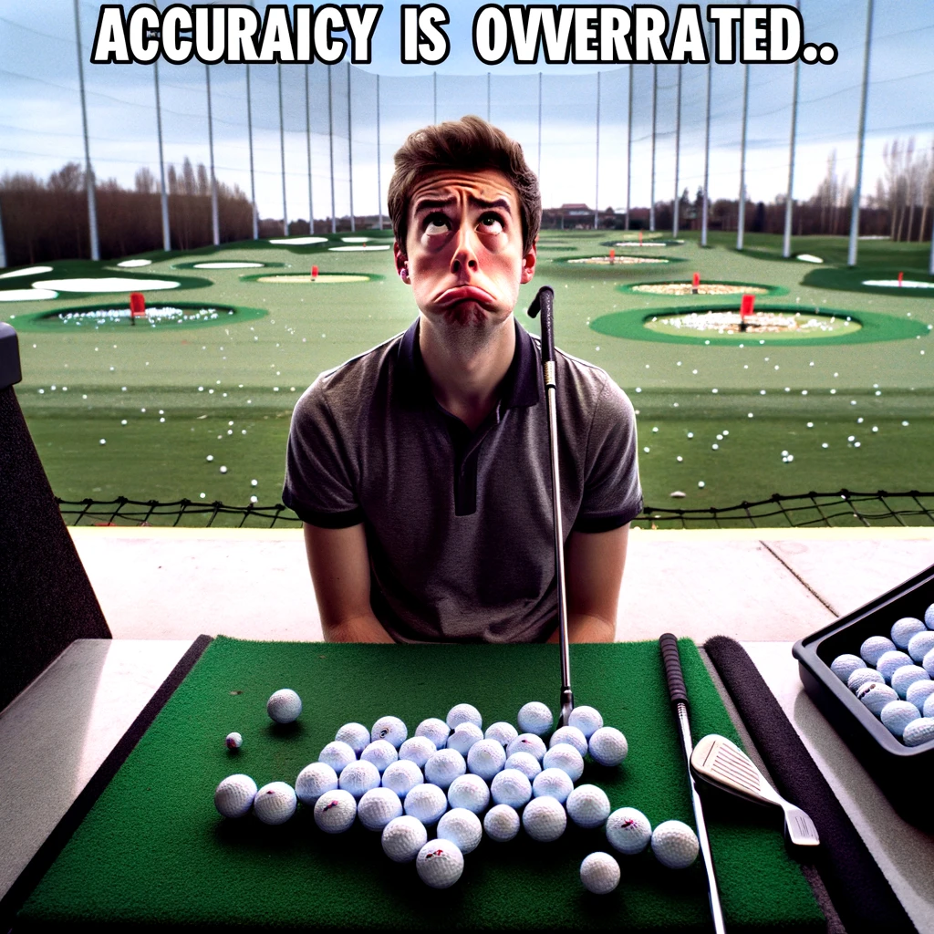 A beginner golfer at a driving range, looking perplexed with golf balls scattered all around the booth but none downrange. The golfer is holding the club upside down, humorously underscoring their inexperience. The scene is captioned: "Accuracy is overrated." This image captures the amusing and often relatable journey of learning golf, highlighting the initial struggles with humor and a light-hearted acknowledgment that everyone starts somewhere.
