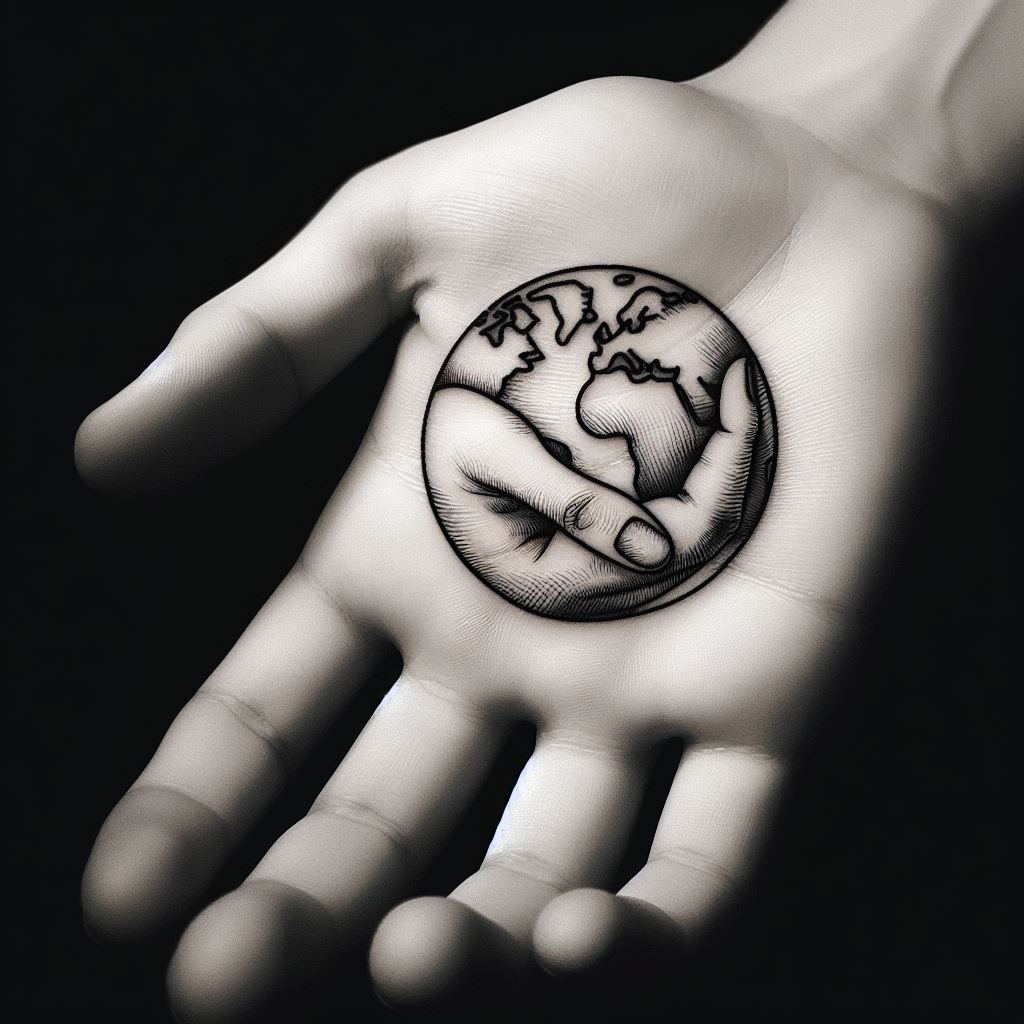 A tattoo on the palm of the hand, depicting a small, detailed globe encircled by two hands in a gentle embrace. The globe represents the world the loved one impacted, while the hands symbolize support and the comforting touch that remains in memory. This tattoo should be minimalist, using fine lines to capture the delicate features of the hands and continents, serving as a reminder of the global connections and the warmth of human kindness that persists.