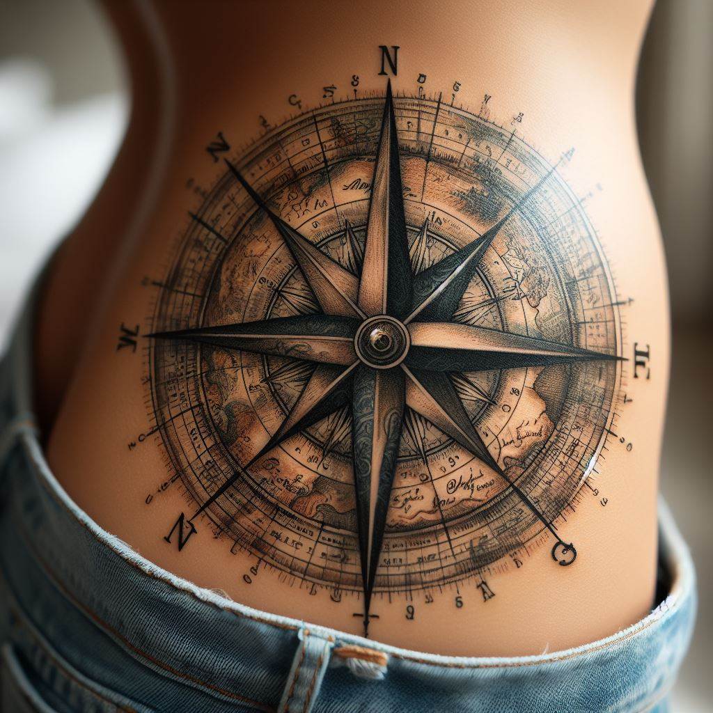 A hip tattoo showcasing a vintage compass rose with an antique map background. The compass rose should be detailed, with each direction marked by an initial of significant people or places in the loved one's life, while the map features soft, faded lines and landmarks that were meaningful to them. The tattoo symbolizes guidance, exploration, and the journey of life, with a personal touch that maps the path of memories shared and cherished.