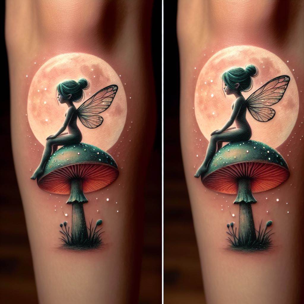 A behind-the-knee tattoo featuring a small, playful sprite or fairy sitting atop a mushroom, with delicate wings illuminated by moonlight. The sprite should symbolize the loved one's playful spirit and connection to nature, with the moonlight representing guidance and protection in darker times. The tattoo should be whimsical and detailed, with soft, glowing colors that bring the magical scene to life, offering a sense of wonder and the presence of the loved one in the natural world.