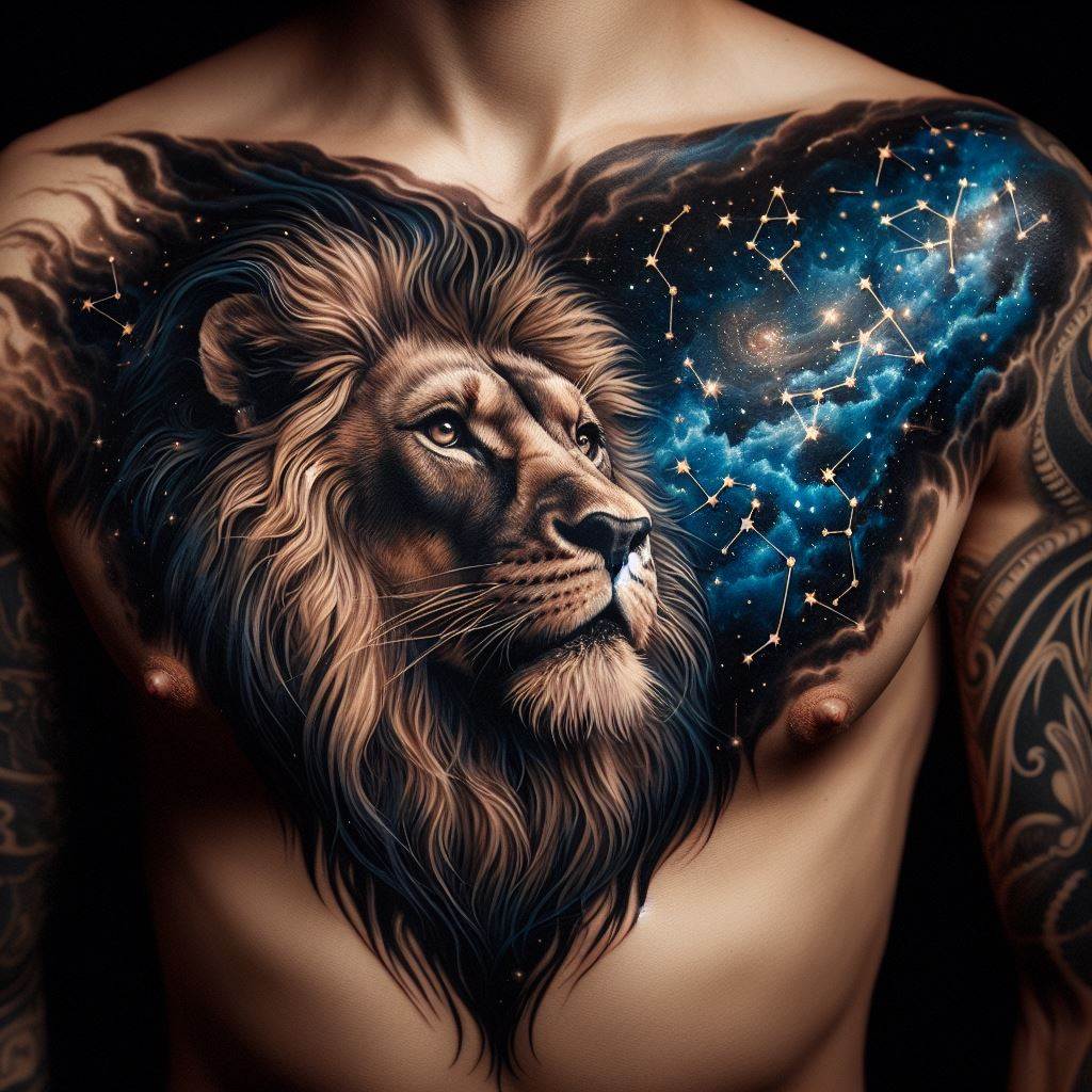An upper chest tattoo, depicting a detailed portrait of a lion, with its mane blending into a starry night sky. The lion, a symbol of courage and strength, represents the loved one's powerful presence and protective nature. The stars in the mane should include constellations that hold personal significance, symbolizing the eternal and celestial connection shared. The tattoo should be majestic and awe-inspiring, with deep blues and blacks contrasting with the golden hues of the lion, reflecting the beauty and depth of the memories held within.