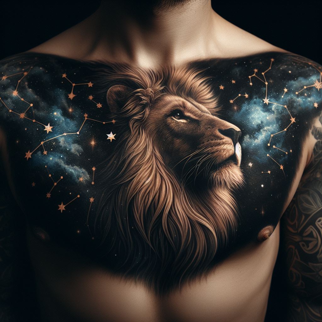 An upper chest tattoo, depicting a detailed portrait of a lion, with its mane blending into a starry night sky. The lion, a symbol of courage and strength, represents the loved one's powerful presence and protective nature. The stars in the mane should include constellations that hold personal significance, symbolizing the eternal and celestial connection shared. The tattoo should be majestic and awe-inspiring, with deep blues and blacks contrasting with the golden hues of the lion, reflecting the beauty and depth of the memories held within.