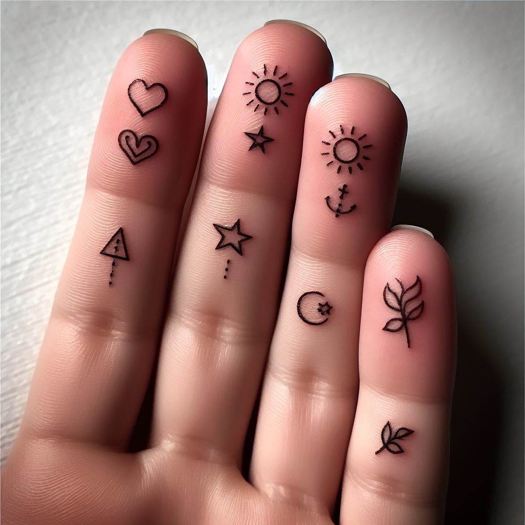 A series of small fingertip tattoos, each featuring a tiny, symbolic icon such as a heart, star, moon, sun, and leaf. These icons represent various aspects of the loved one's personality and passions—love, guidance, growth, warmth, and connection to nature. The tattoos should be minimalist, using just a few precise lines or dots to form each symbol, creating a discreet yet deeply meaningful tribute that the wearer can carry with them in every touch and gesture.