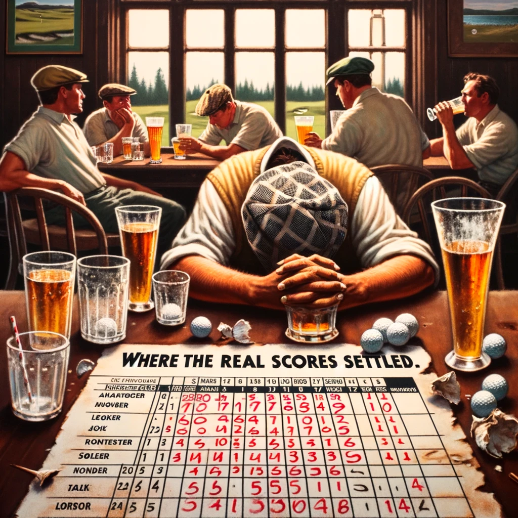 A golfer slumped over in the clubhouse, surrounded by empty glasses, staring despondently at a scorecard filled with high numbers. The scene humorously reflects the end-of-the-day reckoning, where the real challenges of the game are pondered over drinks. It's captioned: "Where the real scores are settled." This image captures the camaraderie and reflective moments that often follow a day on the course, offering a light-hearted take on the ups and downs of golf.