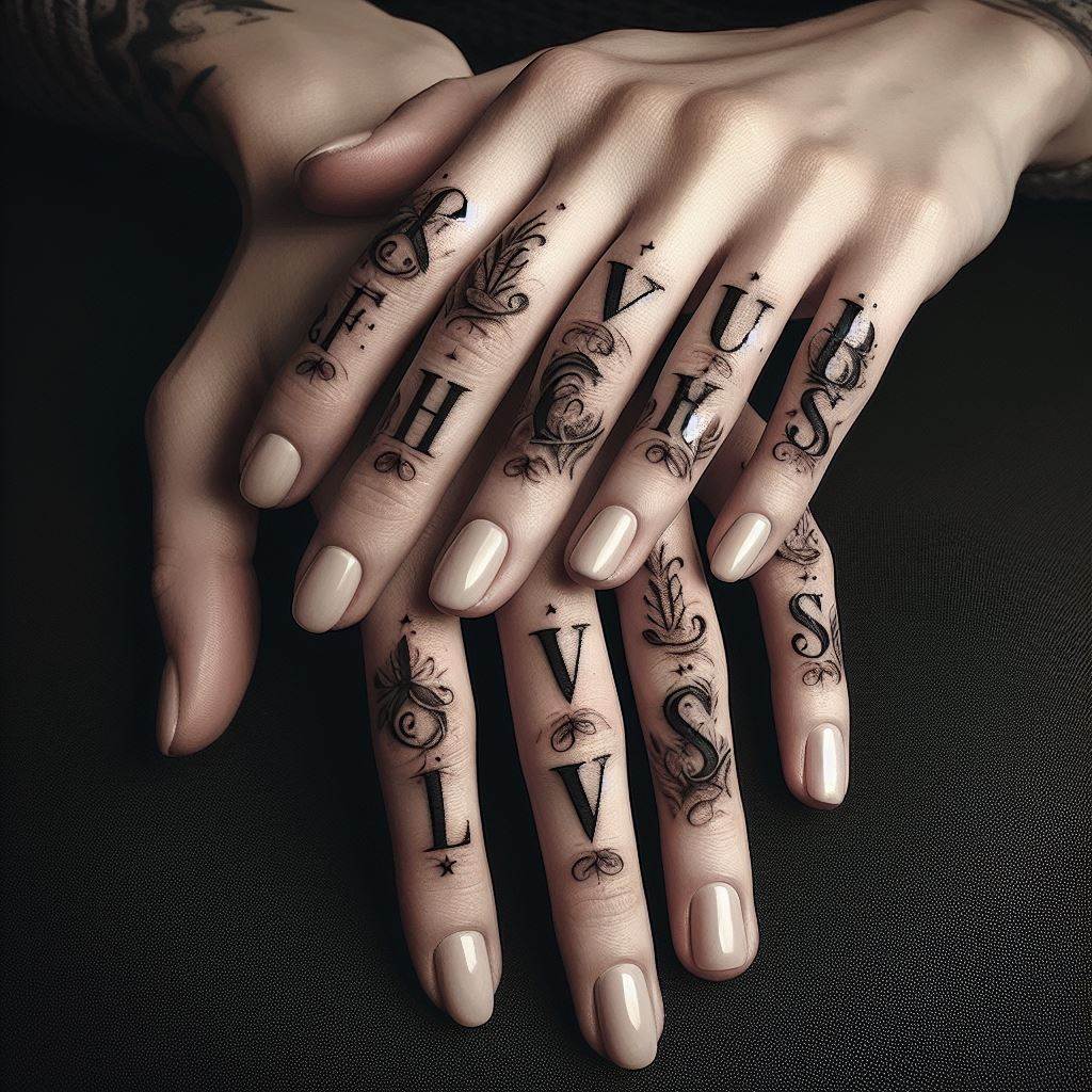A series of small, yet impactful tattoos across the knuckles, spelling out a word or a short phrase that holds deep significance in memory of a loved one. Each letter should be styled in an elegant font, perhaps with subtle embellishments like tiny stars, leaves, or waves integrated into the design to add depth and meaning. The overall effect should be both bold and tender, a constant reminder of the loved one's influence and presence in every action taken with the hands.