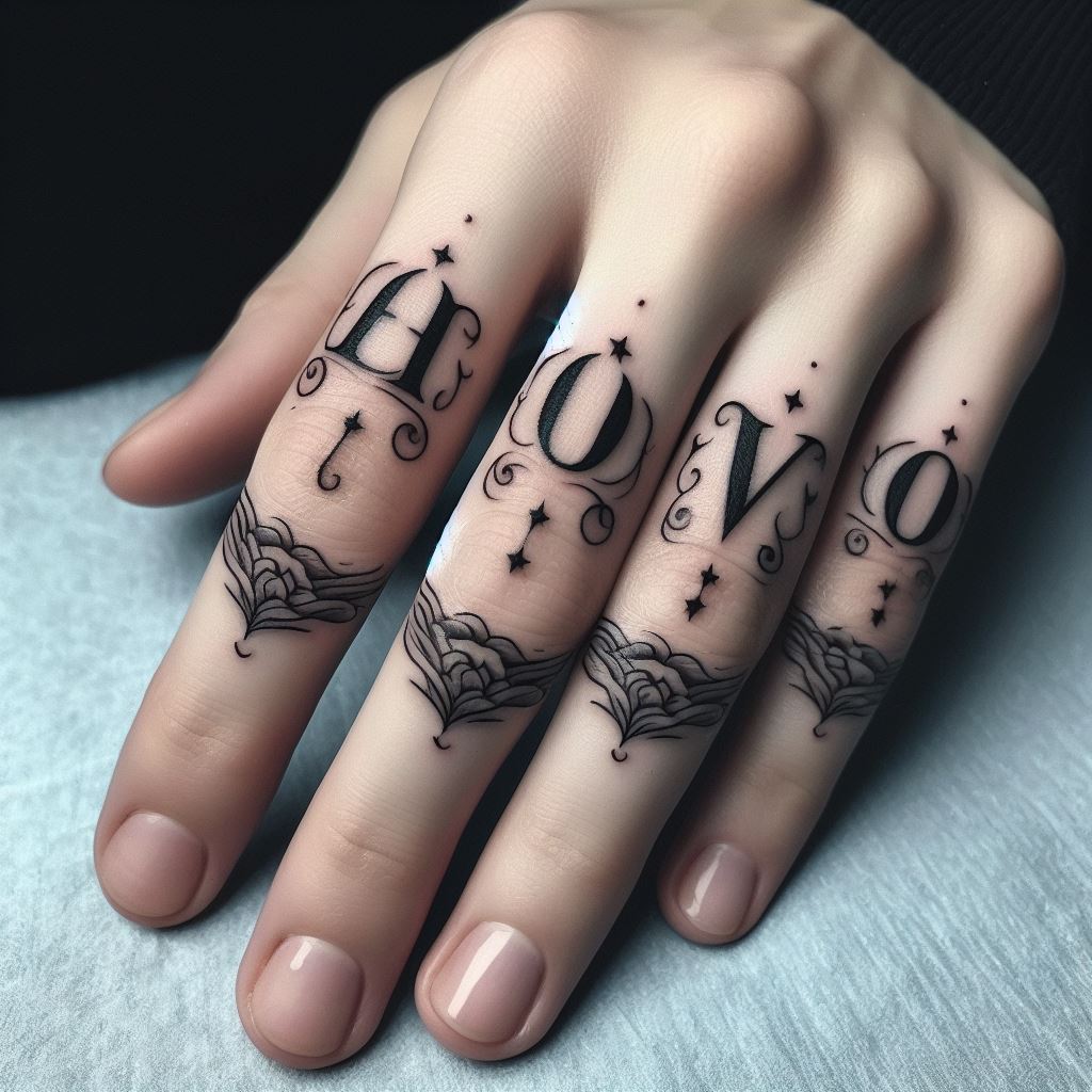 A series of small, yet impactful tattoos across the knuckles, spelling out a word or a short phrase that holds deep significance in memory of a loved one. Each letter should be styled in an elegant font, perhaps with subtle embellishments like tiny stars, leaves, or waves integrated into the design to add depth and meaning. The overall effect should be both bold and tender, a constant reminder of the loved one's influence and presence in every action taken with the hands.