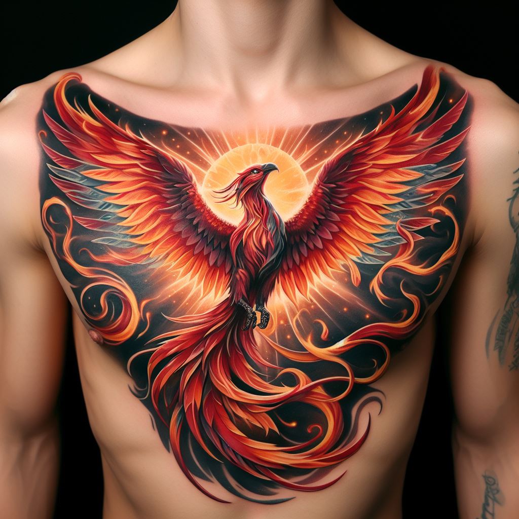 An upper chest tattoo, featuring a majestic phoenix rising from flames, symbolizing rebirth, resilience, and the eternal cycle of life and death. The phoenix should be detailed with vibrant hues of red, orange, and gold, with its wings spread wide in a powerful gesture of ascension. Beneath the phoenix, in a contrasting serene script, include the name or initials of the loved one, grounding the symbolic rebirth in the personal memory of the individual.