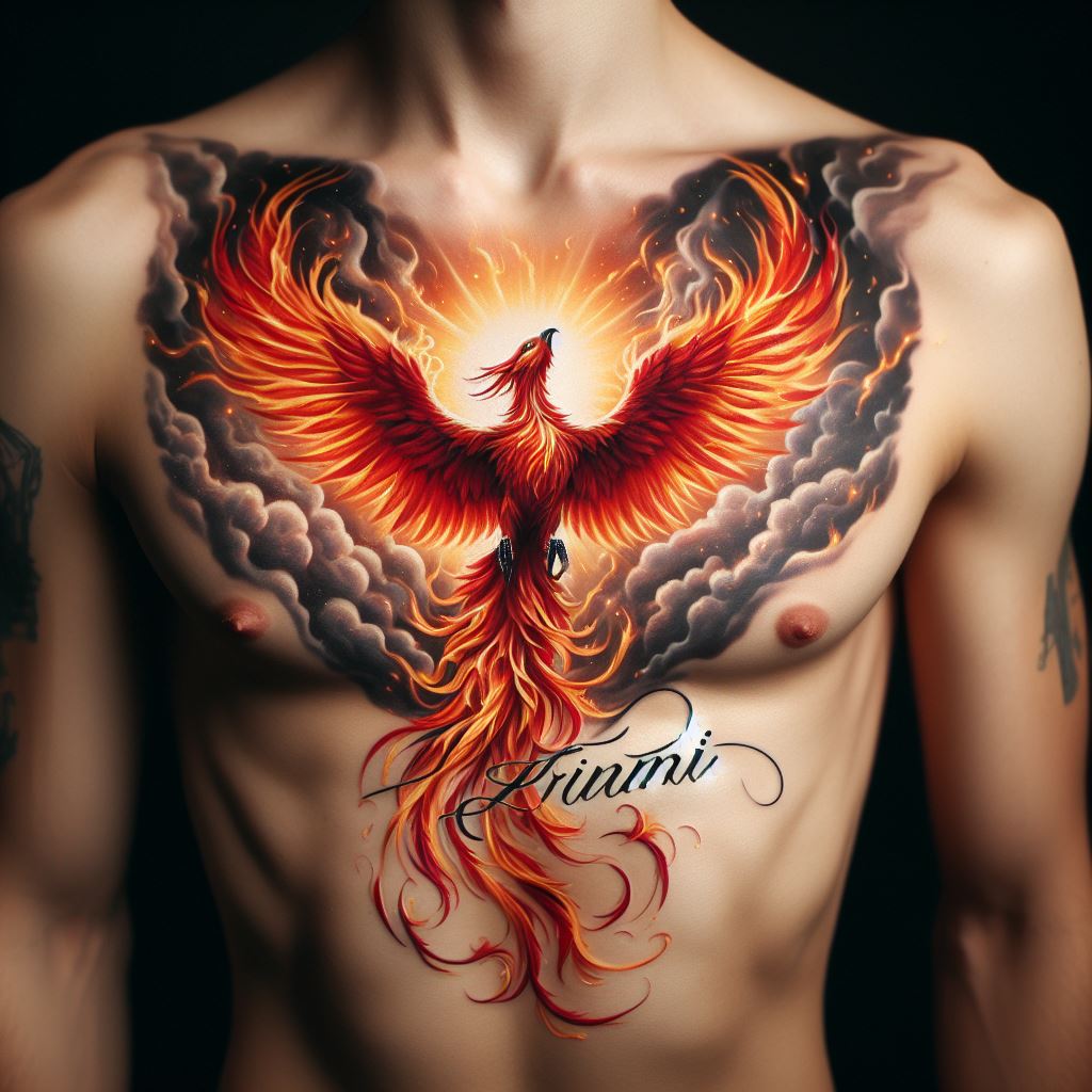 An upper chest tattoo, featuring a majestic phoenix rising from flames, symbolizing rebirth, resilience, and the eternal cycle of life and death. The phoenix should be detailed with vibrant hues of red, orange, and gold, with its wings spread wide in a powerful gesture of ascension. Beneath the phoenix, in a contrasting serene script, include the name or initials of the loved one, grounding the symbolic rebirth in the personal memory of the individual.