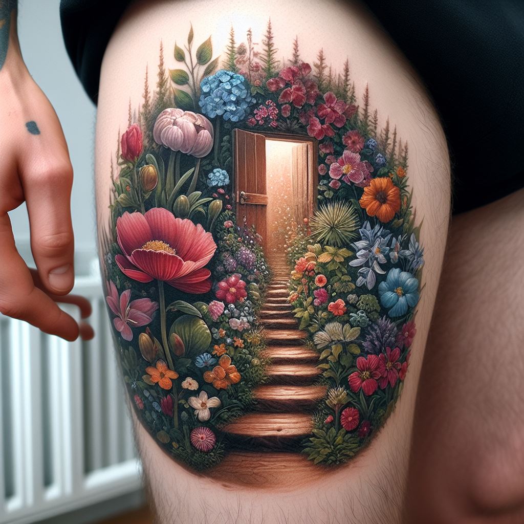 A behind-the-knee tattoo that captures a small, secret garden scene, complete with a variety of flowers, each representing different aspects of the loved one's personality or life. This hidden oasis should be a burst of color and life, a private reminder of growth, beauty, and the complexity of human experience. The design should curve gracefully around the knee, making the act of bending forward or walking akin to nurturing or journeying through the garden of memory.