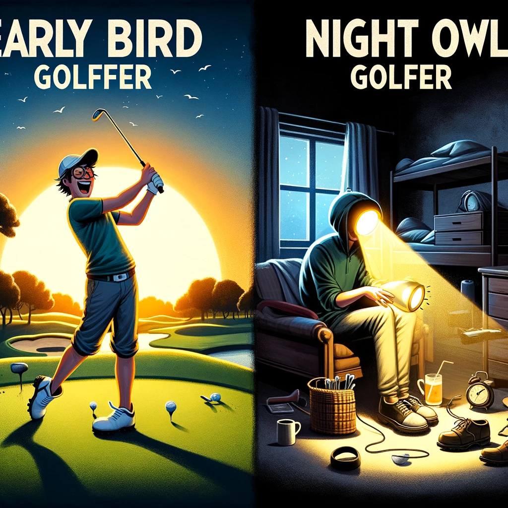 An image split in two. On the left, an "Early Bird Golfer" is cheerfully hitting the ball on a beautiful, sunlit morning, the course bathed in the glow of sunrise, embodying the joy of being the first on the links. On the right, a "Night Owl Golfer" is depicted in a dimly lit room, groggily trying to find their shoes with a flashlight, with a caption expressing their dismay at early tee times. This visual contrasts the enthusiastic morning golfer with the night owl who struggles with the concept of early starts, humorously highlighting the different types of golfers.