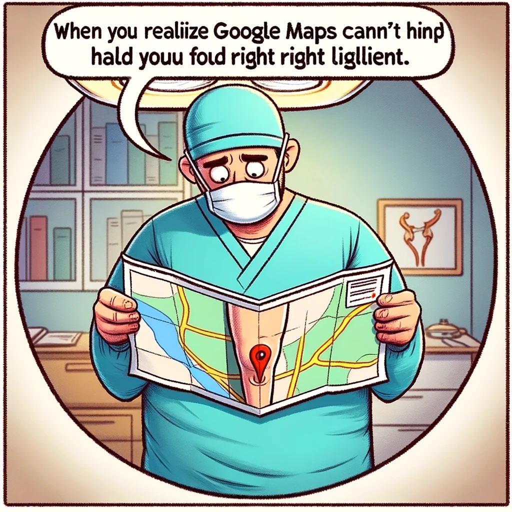 A cartoon image of a surgeon looking puzzled at a map with a knee marked as the destination, captioned: "When you realize Google Maps can't help you find the right ligament."