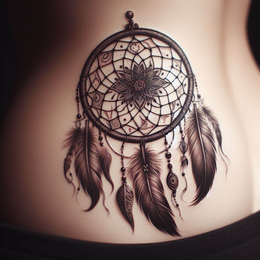 A hip tattoo, illustrating a dreamcatcher adorned with feathers and beads, each element personalized to reflect aspects of the loved one's heritage, dreams, or passions. The dreamcatcher's web should be intricate, symbolizing the weaving together of memories and the protection of those left behind. This intimate and personal tattoo serves as a guardian of dreams, a reminder of the loved one's spirit, and the connection between past, present, and future.