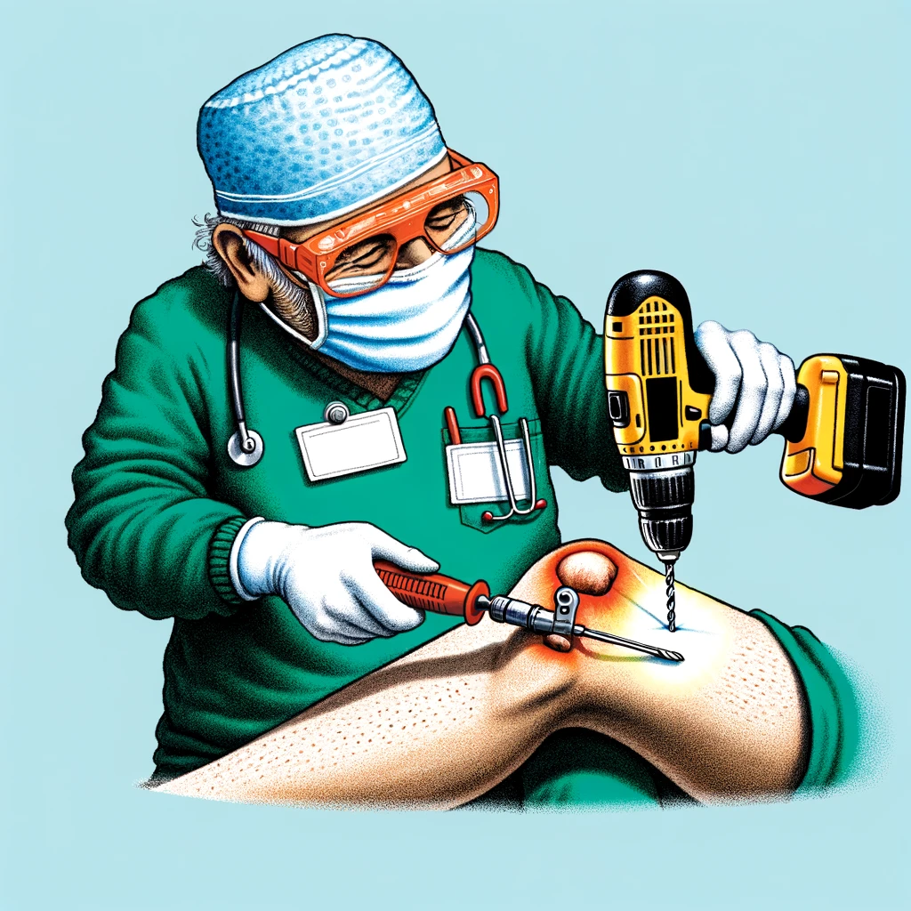 A humorous illustration of a surgeon using a construction drill on a knee, with the caption: "When you're a bit too handy with the power tools."
