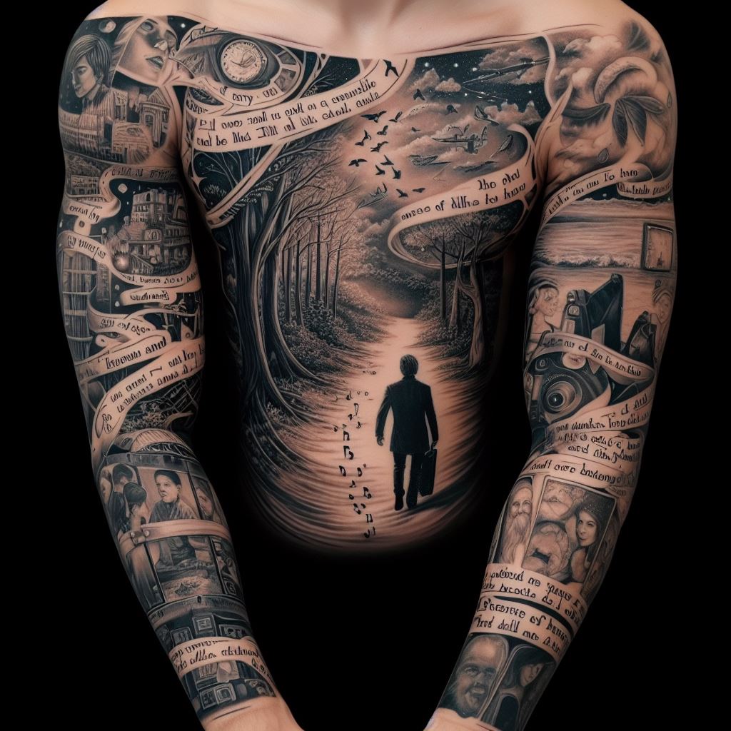 A full sleeve tattoo that tells a story from the shoulder down to the wrist, incorporating various elements that were significant to the loved one. This could include scenes from nature, symbols of hobbies or passions, quotes, and portraits, all flowing together in a cohesive and artful narrative. Each section of the sleeve should transition smoothly into the next, creating a visual journey that celebrates the loved one's life, interests, and impact on those around them.
