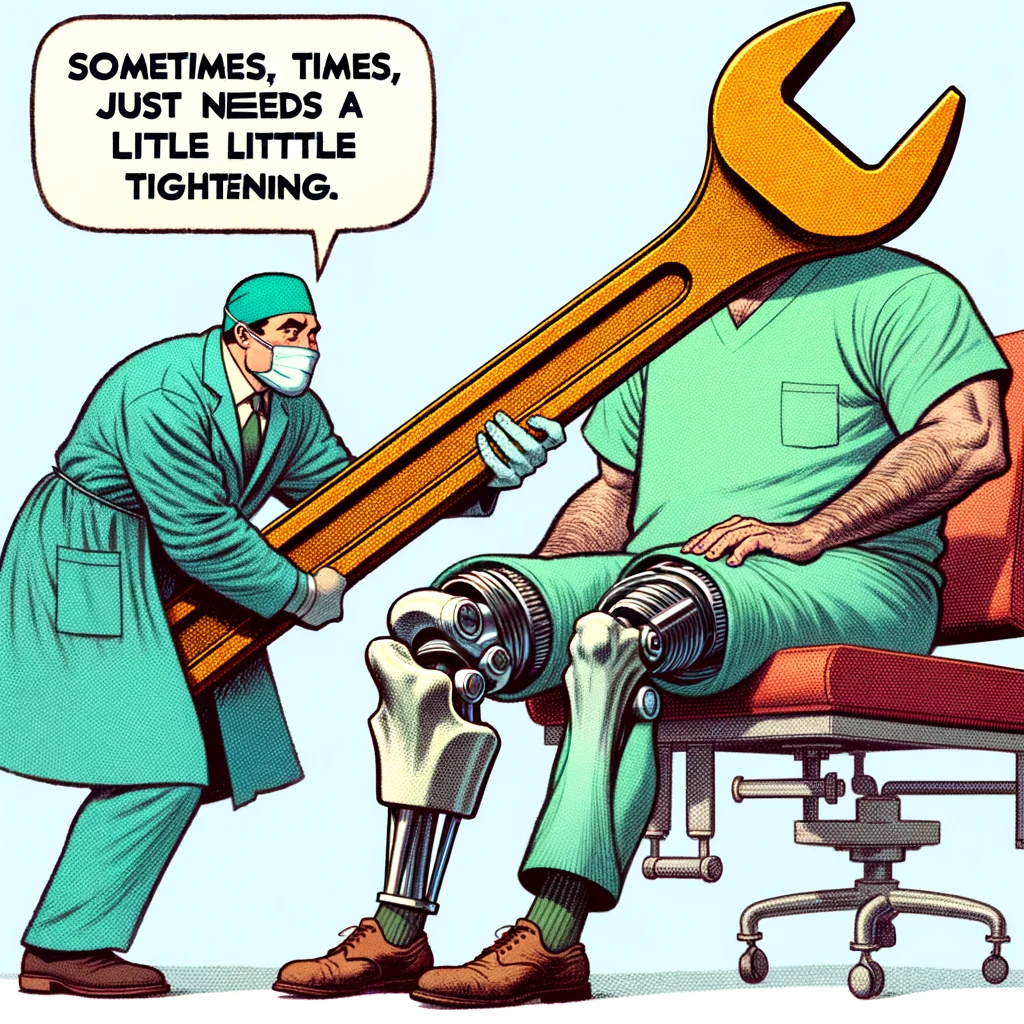 Illustration of a surgeon in scrubs holding a giant wrench while looking at a knee joint, captioned: "Sometimes, it just needs a little tightening."