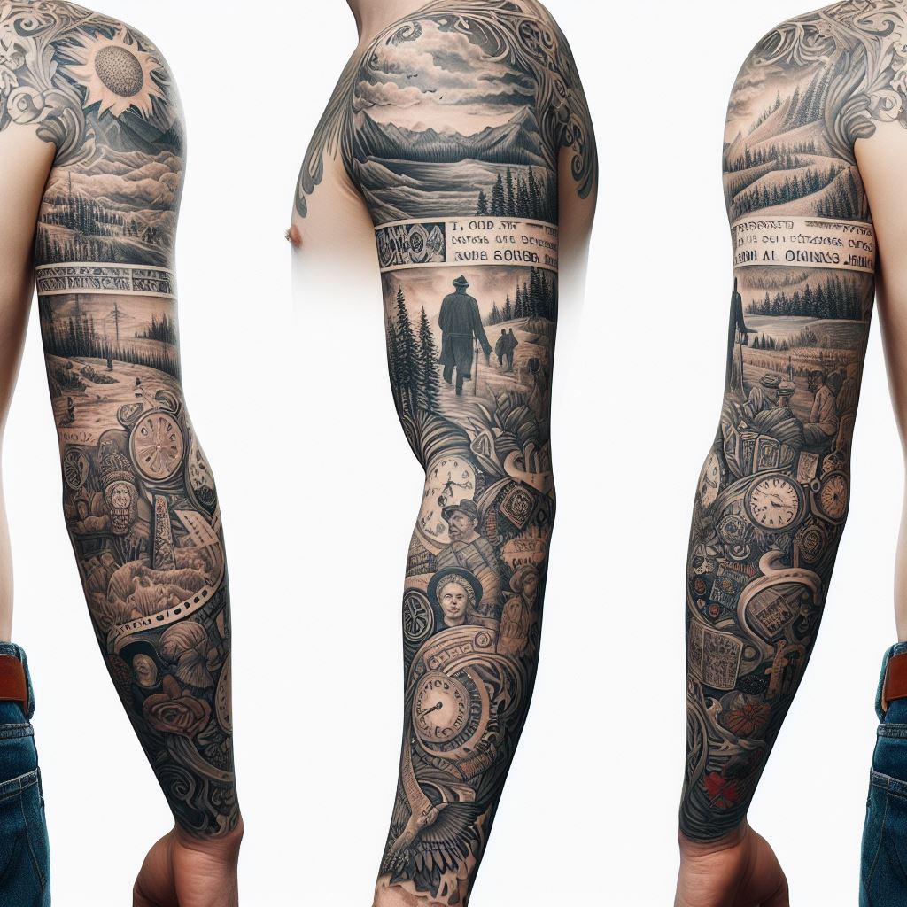 A full sleeve tattoo that tells a story from the shoulder down to the wrist, incorporating various elements that were significant to the loved one. This could include scenes from nature, symbols of hobbies or passions, quotes, and portraits, all flowing together in a cohesive and artful narrative. Each section of the sleeve should transition smoothly into the next, creating a visual journey that celebrates the loved one's life, interests, and impact on those around them.