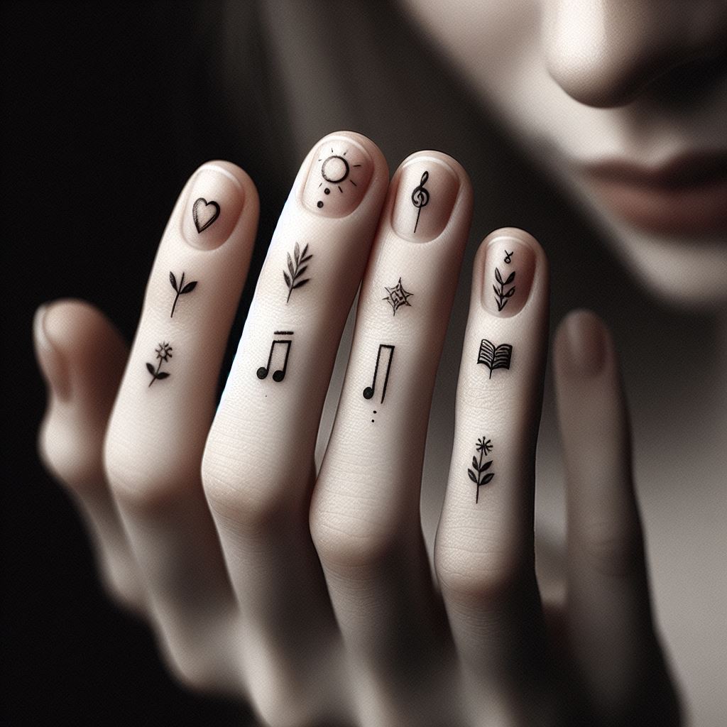 A series of ultra-minimalist tattoos on the fingertips, each featuring a tiny symbol that represents a key aspect of the loved one's life or personality. Symbols could include a small heart, a musical note, a tiny leaf, a book, and a star, each carefully placed to be visible only when the fingers are extended. This subtle approach creates a personal secret shared between the wearer and the memory of the loved one, visible in gestures of love, creativity, nature, knowledge, and guidance.