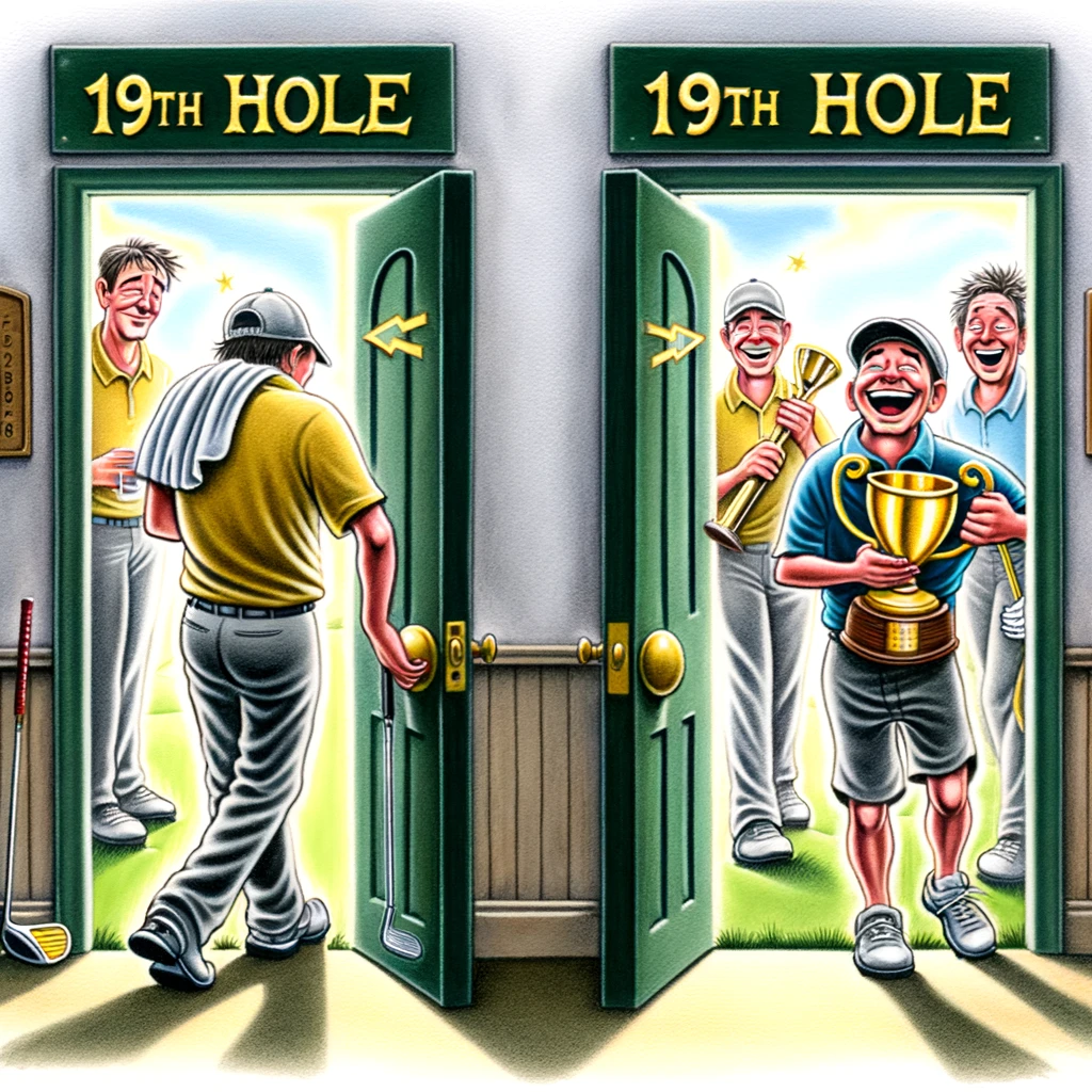 A whimsical image depicting golfers entering a clubhouse door labeled "19th Hole" looking tired and defeated, and emerging from another door looking rejuvenated, smiling, and holding trophies as if the clubhouse magically improved their game. This transformation captures the essence of the 19th Hole's mythical ability to turn a day's frustrations into victory and joy, symbolizing the restorative power of camaraderie and relaxation after a challenging round of golf.
