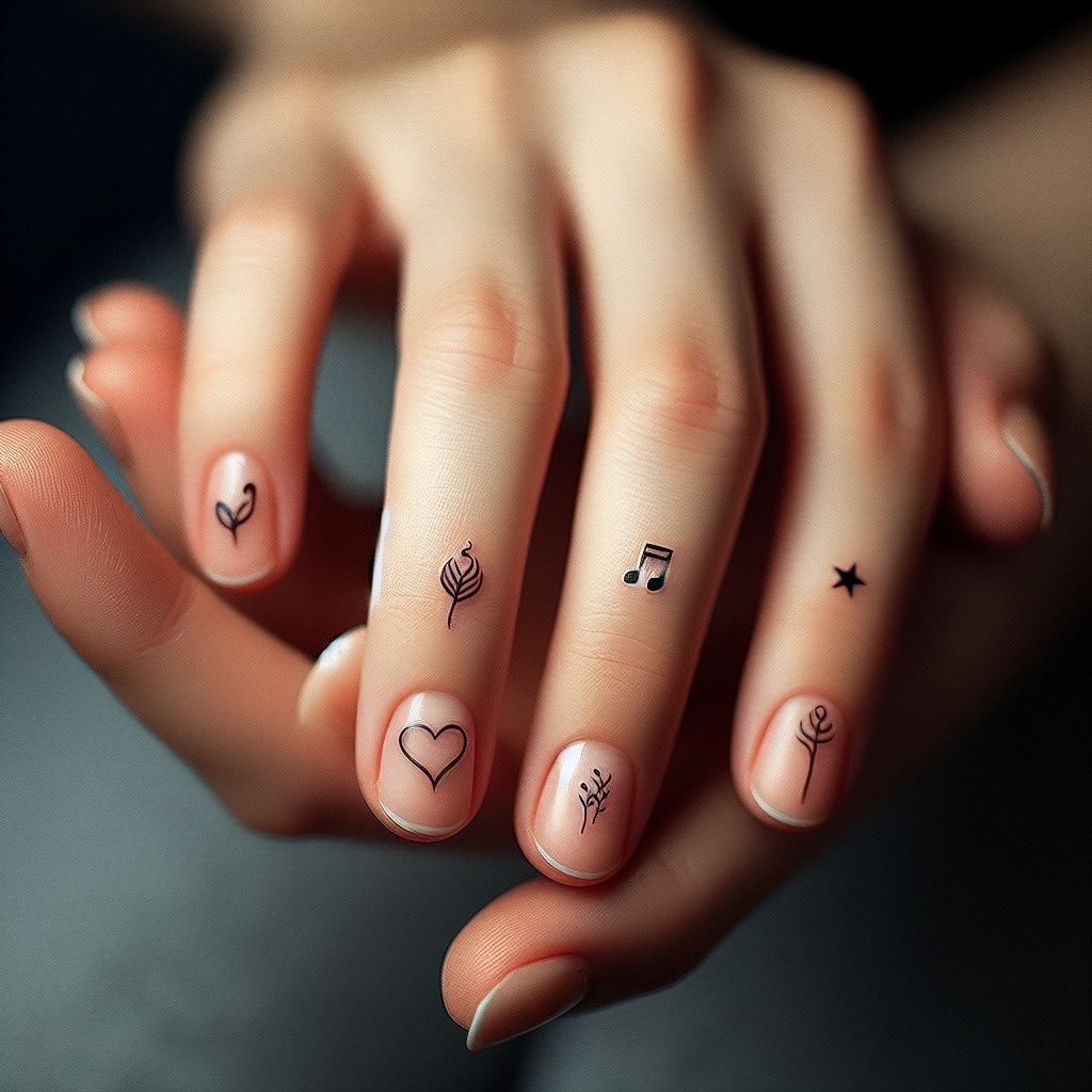 A series of ultra-minimalist tattoos on the fingertips, each featuring a tiny symbol that represents a key aspect of the loved one's life or personality. Symbols could include a small heart, a musical note, a tiny leaf, a book, and a star, each carefully placed to be visible only when the fingers are extended. This subtle approach creates a personal secret shared between the wearer and the memory of the loved one, visible in gestures of love, creativity, nature, knowledge, and guidance.