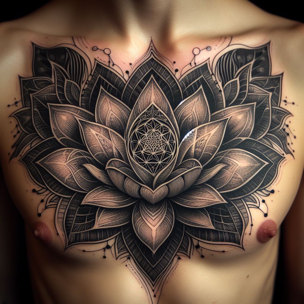 A sternum tattoo showcasing an ornate, symmetrical lotus flower, unfolding petals that reveal a sacred geometry pattern at its core. The lotus, symbolizing purity, enlightenment, and rebirth, should be intricately detailed, with each line of the sacred geometry representing the interconnectedness of life and the eternal bond between the wearer and their loved one. This deeply spiritual and personal tattoo serves as a hidden emblem of love and memory, nestled close to the heart.