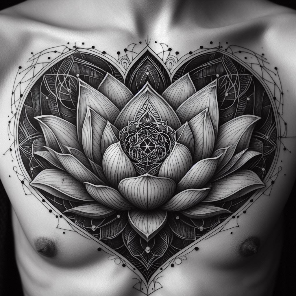 A sternum tattoo showcasing an ornate, symmetrical lotus flower, unfolding petals that reveal a sacred geometry pattern at its core. The lotus, symbolizing purity, enlightenment, and rebirth, should be intricately detailed, with each line of the sacred geometry representing the interconnectedness of life and the eternal bond between the wearer and their loved one. This deeply spiritual and personal tattoo serves as a hidden emblem of love and memory, nestled close to the heart.