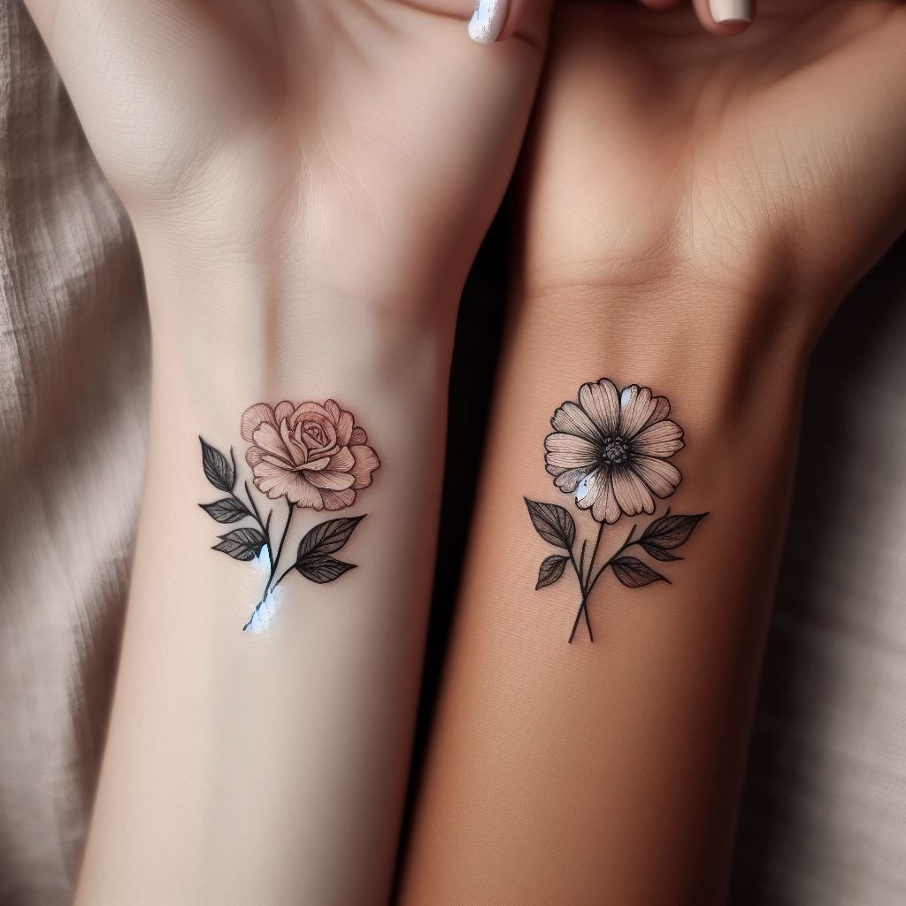 Two delicate, minimalist floral tattoos on the wrists. The flowers should have a subtle, elegant design, with thin lines and a touch of watercolor style for a soft appearance. One tattoo features a small rose, symbolizing love and beauty, and the other a daisy, symbolizing innocence and purity. Both tattoos are positioned on the outer side of the wrist, showcasing the bond and unique personalities of each sister.