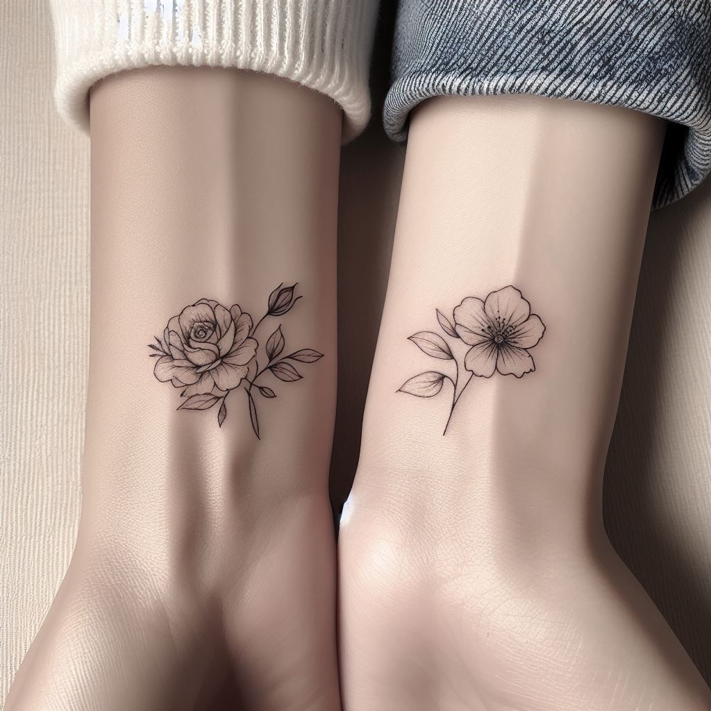 Two delicate, minimalist floral tattoos on the wrists. The flowers should have a subtle, elegant design, with thin lines and a touch of watercolor style for a soft appearance. One tattoo features a small rose, symbolizing love and beauty, and the other a daisy, symbolizing innocence and purity. Both tattoos are positioned on the outer side of the wrist, showcasing the bond and unique personalities of each sister.