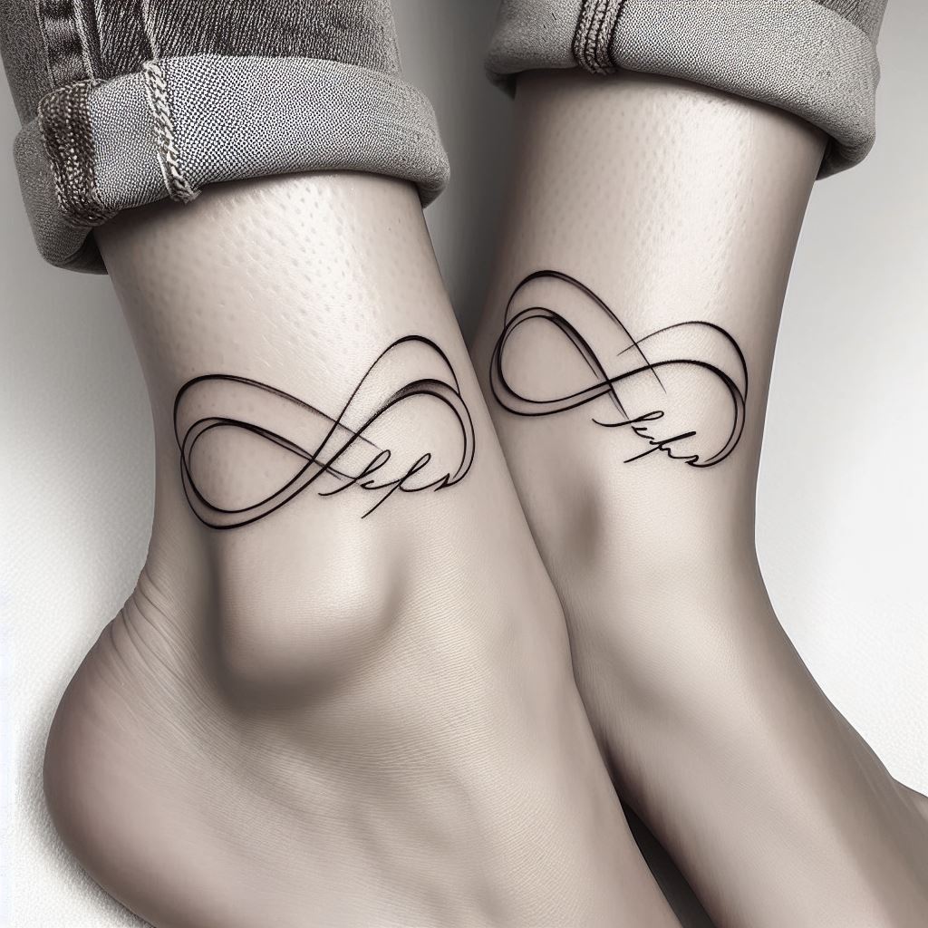A pair of matching infinity symbol tattoos on the ankles, each intertwined with the initials of the sisters. The design should be sleek and simple, with a smooth, continuous line forming the infinity symbol, representing eternal love and connection. The initials are subtly incorporated into the loop of the infinity symbol. The tattoos are placed on the inner side of the ankle, symbolizing a bond that's both personal and everlasting.