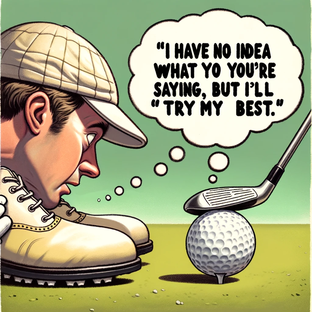 A golfer intently talking to their golf ball on the tee, as if giving it a heartfelt pep talk, with a thought bubble coming from the ball humorously responding, "I have no idea what you're saying, but I'll try my best." This image captures the humorous and often futile attempts of golfers to influence the outcome of their shots through sheer will, highlighting the quirky rituals and superstitions that players bring to the game.