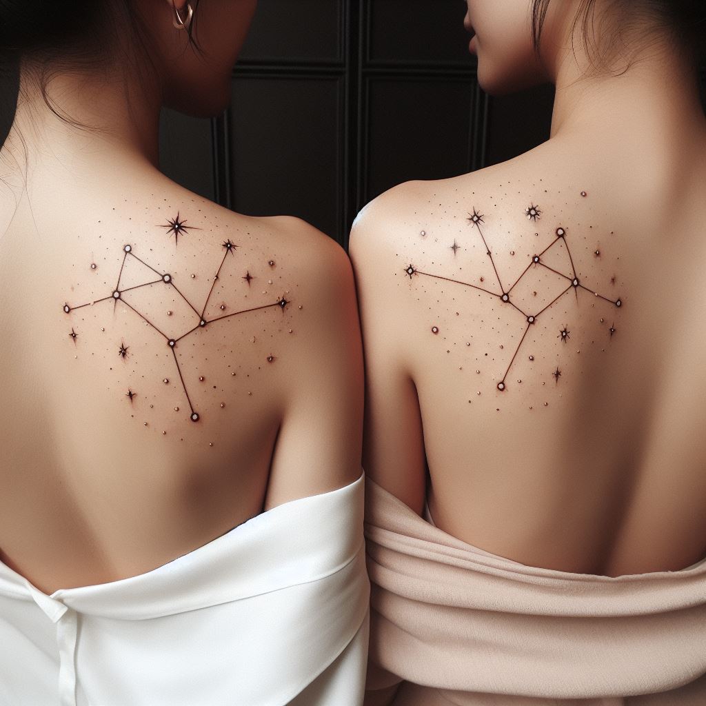 Two complementary constellation tattoos located on each sister's shoulder blade. Each tattoo is a constellation that represents the birth month of each sister, rendered in a delicate dot and line style to mimic stars connected in the night sky. The design should include small, twinkling stars to add a magical touch. The shoulder placement symbolizes strength and support, reflecting the sisters' roles in each other's lives.