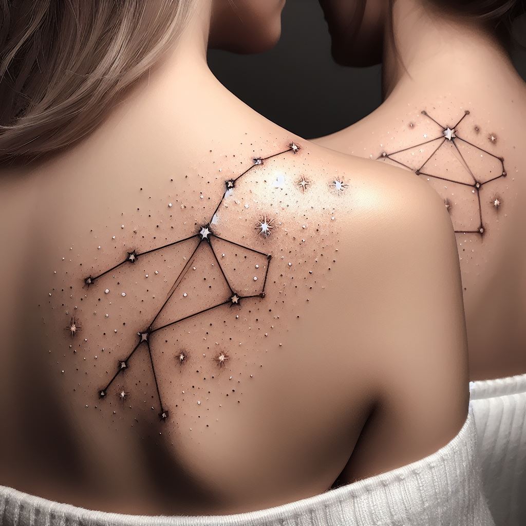 Two complementary constellation tattoos located on each sister's shoulder blade. Each tattoo is a constellation that represents the birth month of each sister, rendered in a delicate dot and line style to mimic stars connected in the night sky. The design should include small, twinkling stars to add a magical touch. The shoulder placement symbolizes strength and support, reflecting the sisters' roles in each other's lives.