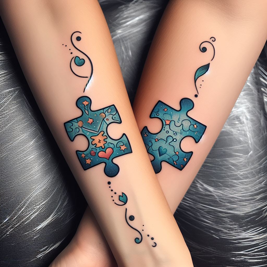A creative tattoo idea featuring two interlocking puzzle pieces, one on each sister's forearm. The puzzle pieces should be designed with intricate details that match perfectly when the forearms are aligned together, symbolizing how the sisters complete each other. The design can include shared favorite colors or small symbols that are meaningful to both. Positioned on the inner forearm, these tattoos represent the deep connection and complementary nature of the sisters' relationship.