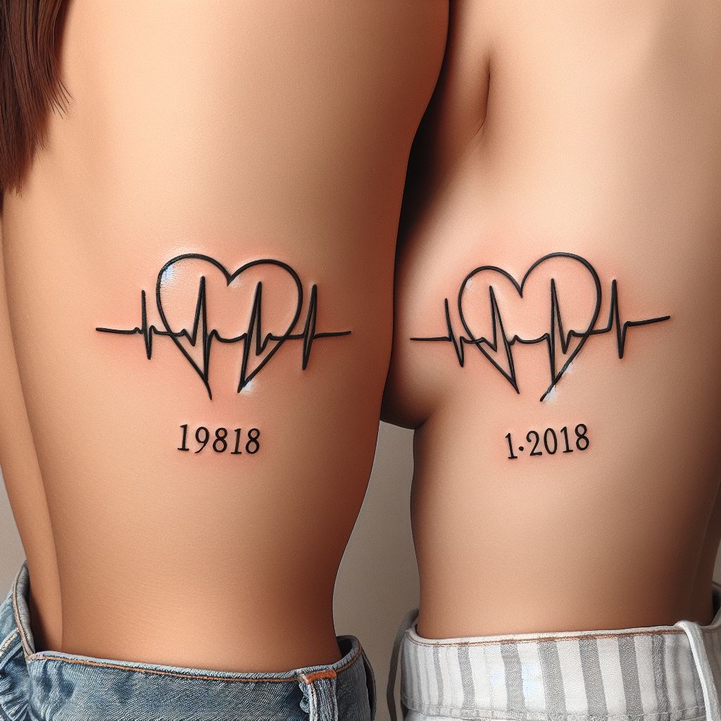 Two matching tattoos placed on the side of the ribs, featuring a heartbeat line that leads to a significant date for both sisters. The heartbeat line should be simple yet expressive, with peaks and valleys representing life's ups and downs. The date, located at the end of the heartbeat line, commemorates a shared experience or milestone. This tattoo, hidden yet close to the heart, symbolizes the sisters' shared journey and the life they cherish together.