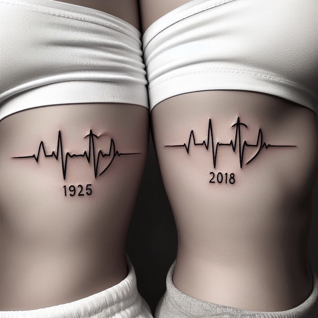 Two matching tattoos placed on the side of the ribs, featuring a heartbeat line that leads to a significant date for both sisters. The heartbeat line should be simple yet expressive, with peaks and valleys representing life's ups and downs. The date, located at the end of the heartbeat line, commemorates a shared experience or milestone. This tattoo, hidden yet close to the heart, symbolizes the sisters' shared journey and the life they cherish together.
