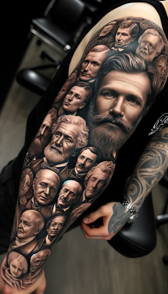 A sleeve tattoo featuring a realistic portrait montage of famous historical figures, meticulously inked across the entire arm. The tattoo showcases a variety of detailed faces from different eras, blending seamlessly from one portrait to the next. Each face is rendered with precision, capturing the unique features and expressions of each historical figure. The montage includes a mix of royalty, scholars, explorers, and leaders, all intertwined with subtle shading and intricate details to create a cohesive and visually striking tattoo design. The overall look is elegant and timeless, with a focus on realism and historical significance.