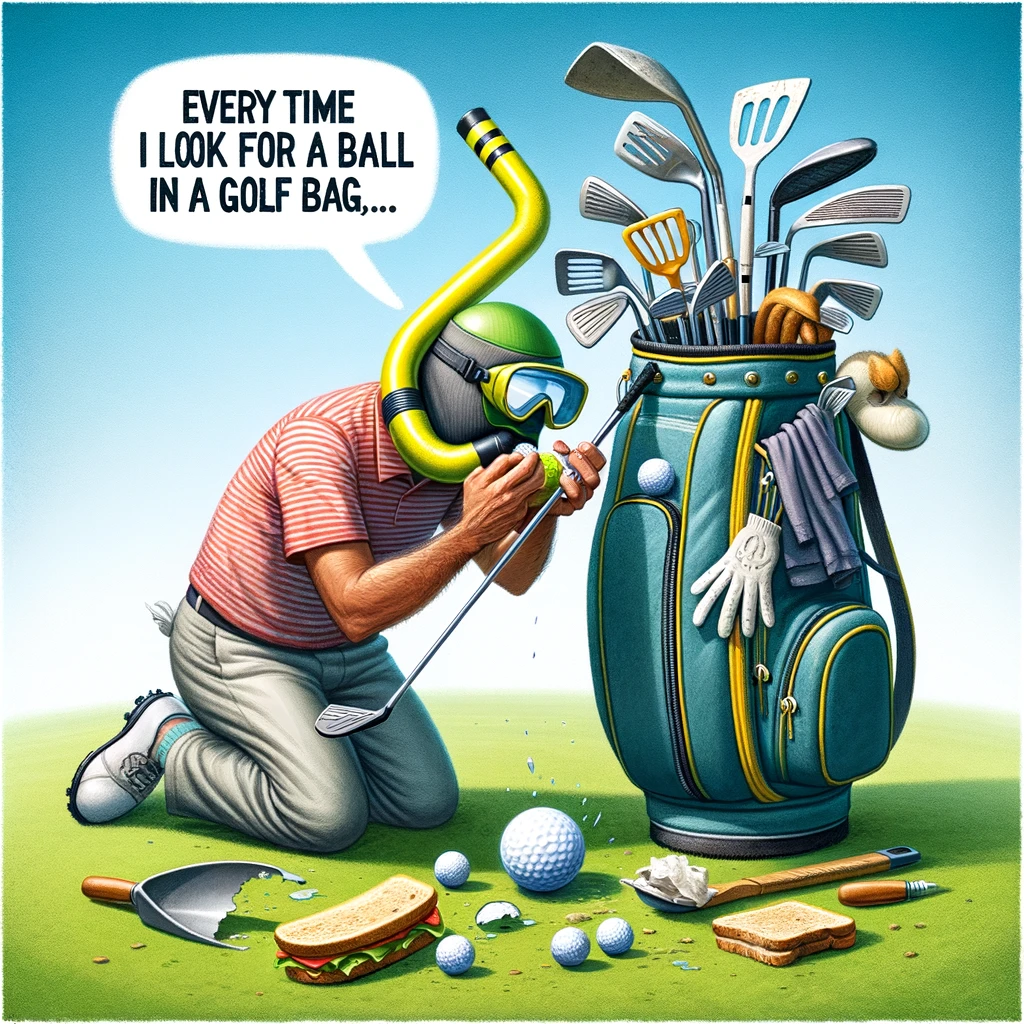 A golfer rummaging through their golf bag, pulling out a series of unexpected items: a snorkel, a kitchen spatula, and an old sandwich, before finally finding a golf ball. The scene humorously captures the moment captioned: "Every time I look for a ball in my golf bag..." This image highlights the comedic reality of golfers finding everything but the necessary equipment in their bags at the crucial moment, playing on the relatable experience of clutter and surprise in the depths of a golf bag.