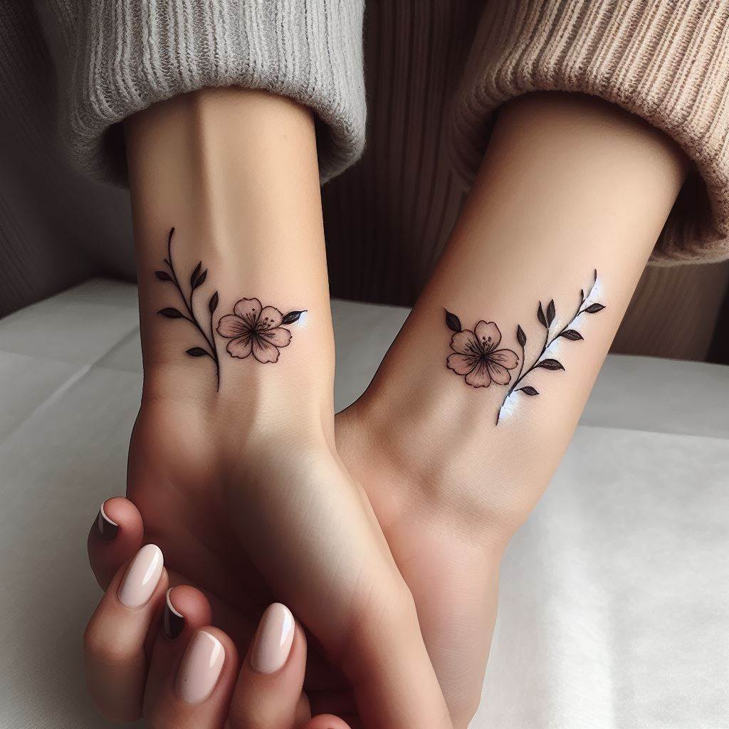Two feminine wrists side by side, each adorned with a delicate, minimalist floral tattoo. The design should be elegant and simple, featuring a single type of flower that symbolizes unity and connection, such as a cherry blossom or a daisy. The tattoos should appear as if they're a part of a matching set, reflecting the bond between sisters. The background should be soft and unfocused to keep the attention on the tattoos.