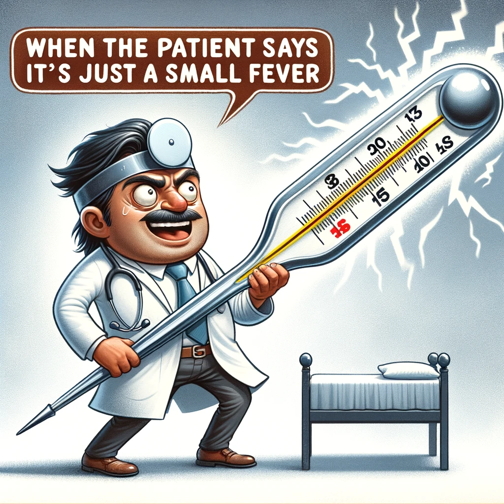 A humorous image of a doctor in a cartoon style, holding a giant thermometer like a sword, with the caption 'When the patient says it's just a small fever'