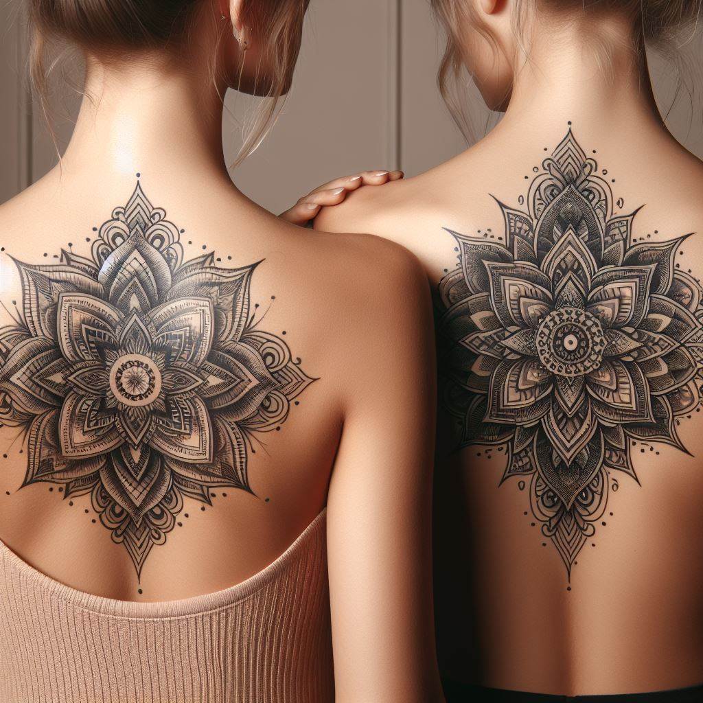 The upper backs of two women standing shoulder to shoulder, each with a detailed mandala tattoo on her right shoulder blade. The mandala designs should be complex and symmetrical, with each line and curve meticulously crafted to symbolize harmony and balance. The tattoos should be similar yet have subtle differences that make each unique, just like the sisters they represent. The background should be neutral to highlight the intricate details of the mandala tattoos.