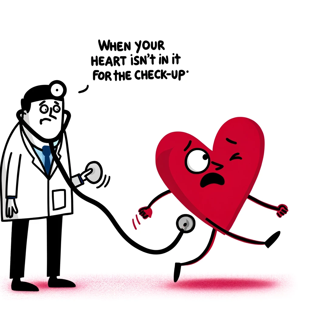 A playful cartoon of a doctor trying to listen to a heart with a stethoscope, but the heart is literally running away, with the caption 'When your heart isn't in it for the check-up'