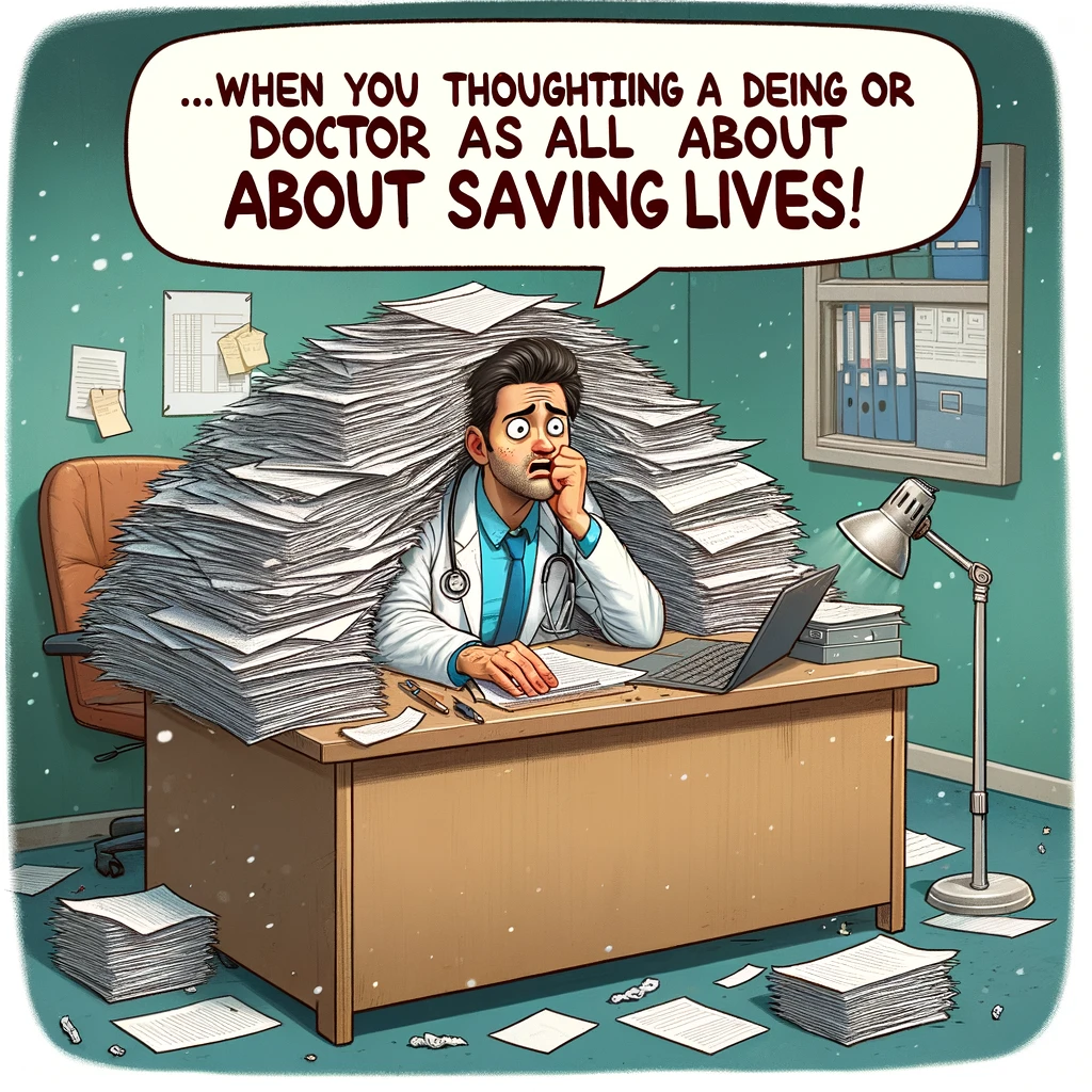 A funny cartoon of a doctor sitting at a desk buried under a mountain of paperwork, looking shocked, with the caption 'When you thought being a doctor was all about saving lives'