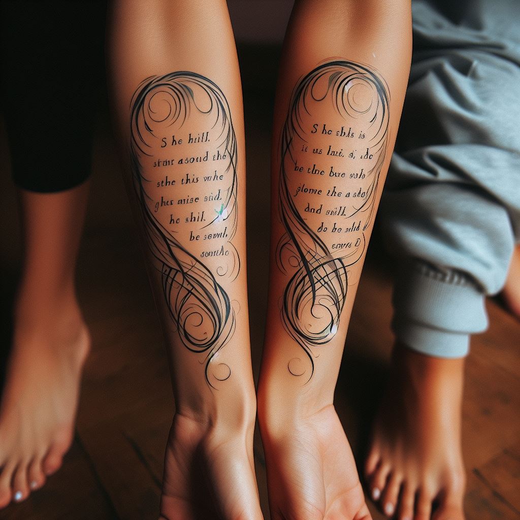 The forearms of two individuals side by side, each bearing a tattoo of one half of a meaningful quote that symbolizes sisterhood and connection. The text should be in a beautiful, flowing script that enhances the significance of the words. One forearm should start the quote, and the other should complete it, symbolizing that together they form a whole. The background should be soft and muted to ensure the quote tattoos are the focal point.