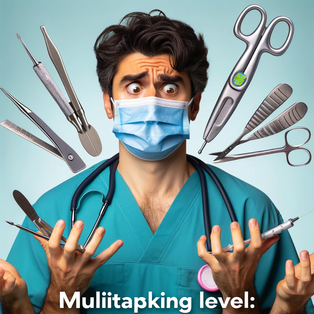 A comical image of a doctor in scrubs looking bewildered as they juggle multiple medical tools, with the caption 'Multitasking level: Surgeon'