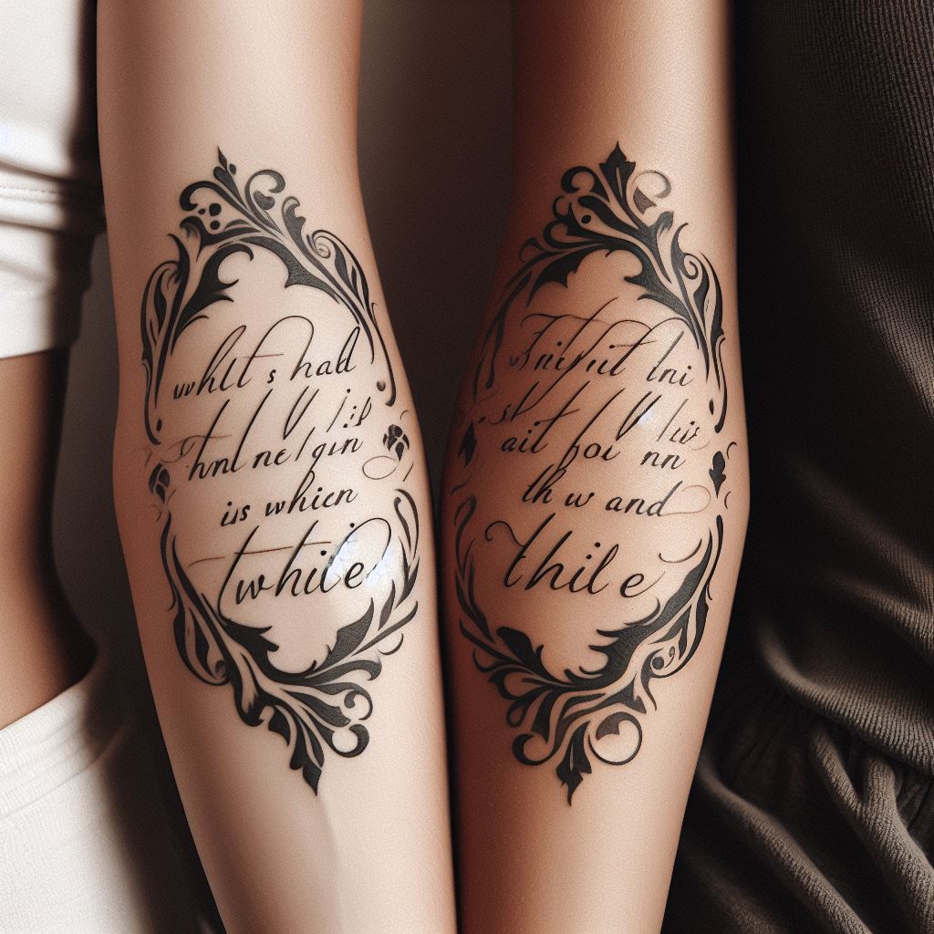 The forearms of two individuals side by side, each bearing a tattoo of one half of a meaningful quote that symbolizes sisterhood and connection. The text should be in a beautiful, flowing script that enhances the significance of the words. One forearm should start the quote, and the other should complete it, symbolizing that together they form a whole. The background should be soft and muted to ensure the quote tattoos are the focal point.