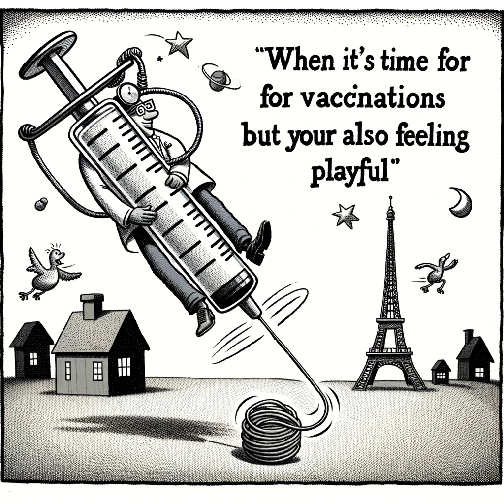 A humorous cartoon of a doctor using a massive syringe as a pogo stick, with the caption 'When it's time for vaccinations but you're also feeling playful'