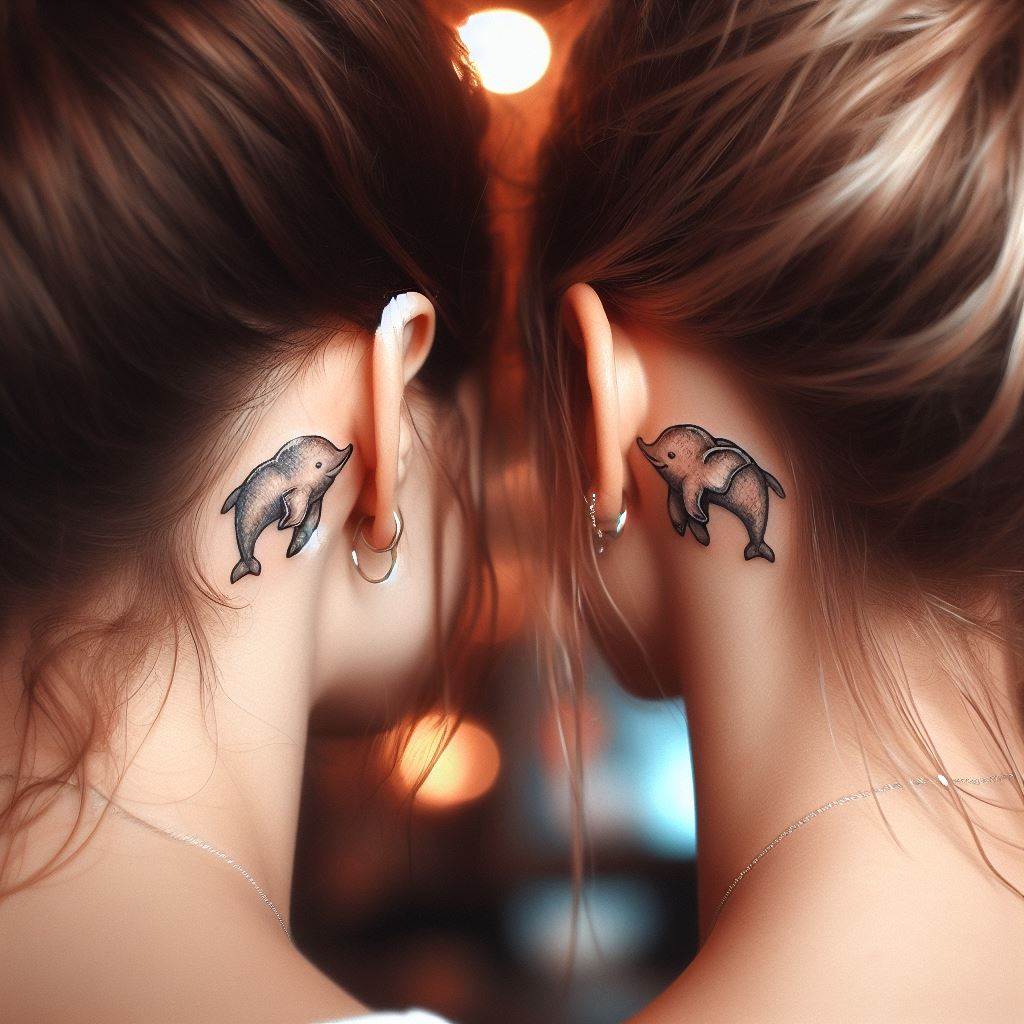 The profiles of two individuals with their hair pulled back to reveal small, playful tattoos of matching animals behind their ears. The animal chosen should reflect a shared memory or trait, like a pair of dolphins for their love of the ocean or tiny elephants for their strong bond. The tattoos should be minimalistic but detailed enough to capture the essence of the animal, symbolizing the sisters' playful spirit and deep connection. The background should be blurred to keep the focus on the discreet yet meaningful tattoos.